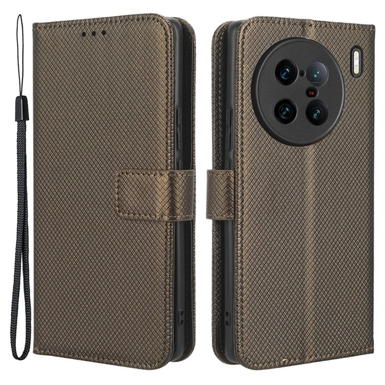 For vivo X90 Pro+ 5G PU Leather Phone Case Diamond Texture Wallet Stand Cell Phone Cover - Brown