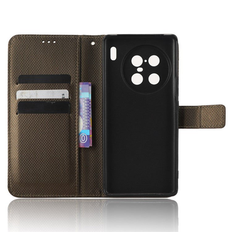 For vivo X90 Pro+ 5G PU Leather Phone Case Diamond Texture Wallet Stand Cell Phone Cover - Brown