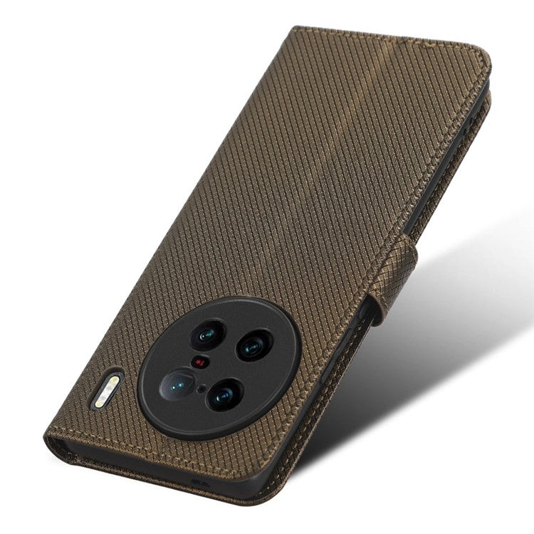 For vivo X90 Pro+ 5G PU Leather Phone Case Diamond Texture Wallet Stand Cell Phone Cover - Brown