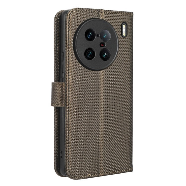 For vivo X90 Pro+ 5G PU Leather Phone Case Diamond Texture Wallet Stand Cell Phone Cover - Brown