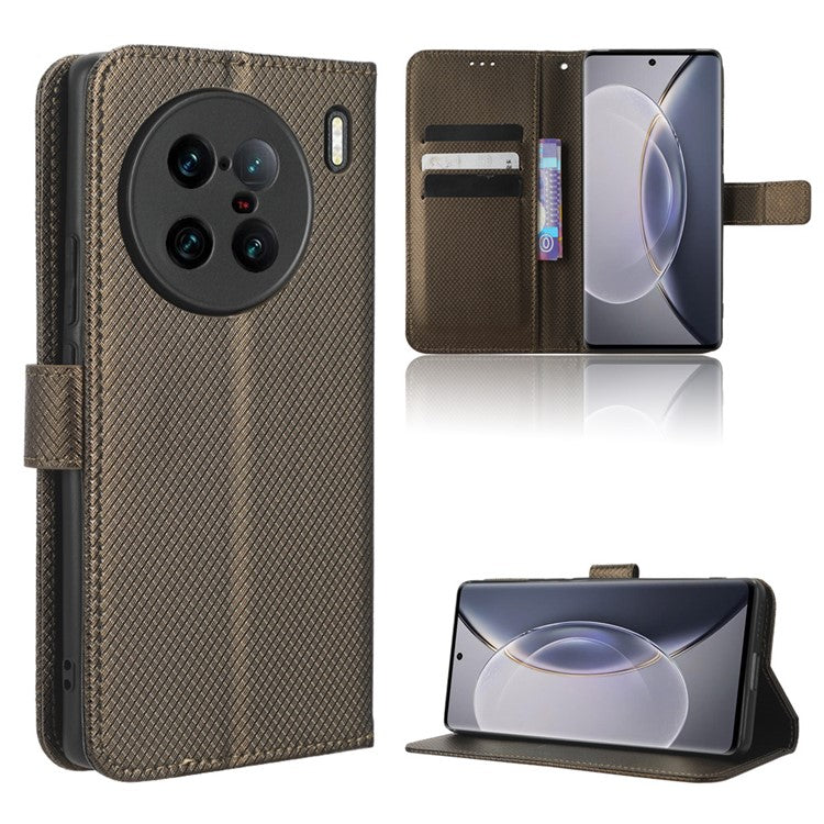 For vivo X90 Pro+ 5G PU Leather Phone Case Diamond Texture Wallet Stand Cell Phone Cover - Brown