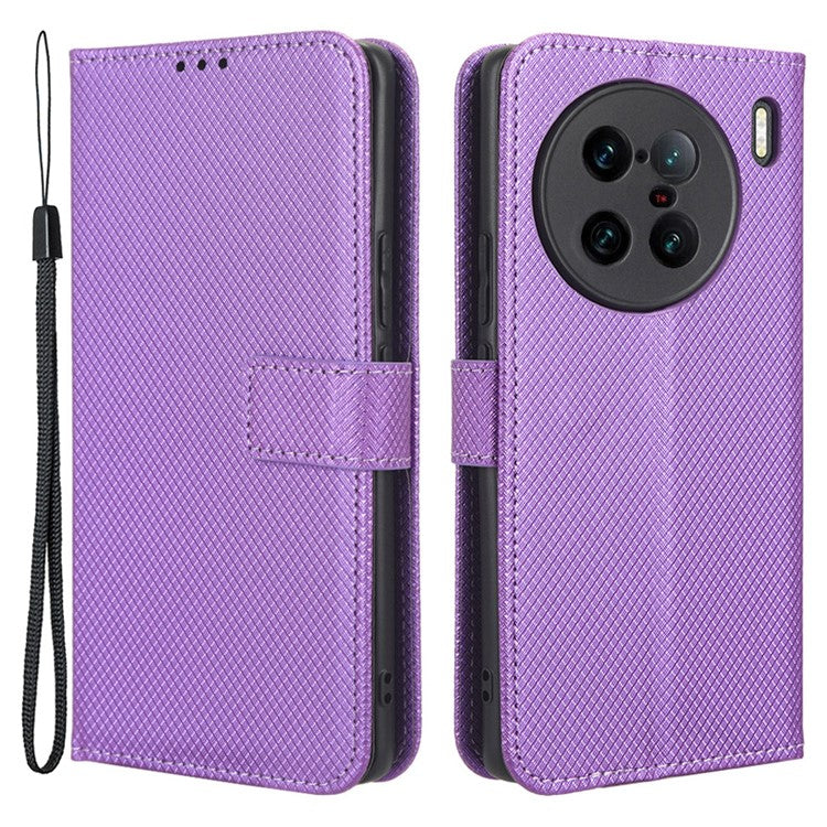 For vivo X90 Pro+ 5G PU Leather Phone Case Diamond Texture Wallet Stand Cell Phone Cover - Purple