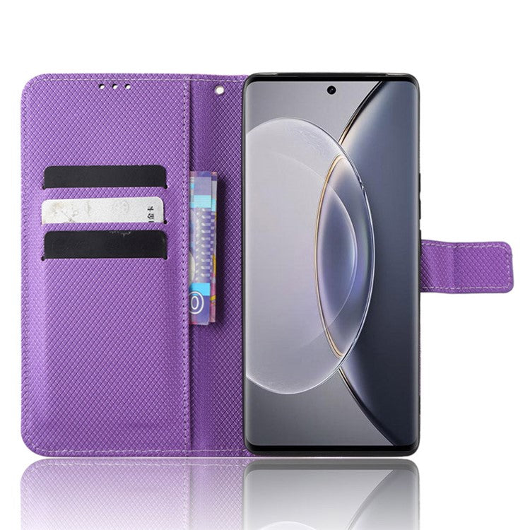 For vivo X90 Pro+ 5G PU Leather Phone Case Diamond Texture Wallet Stand Cell Phone Cover - Purple