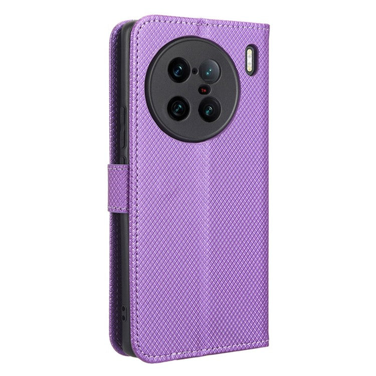 For vivo X90 Pro+ 5G PU Leather Phone Case Diamond Texture Wallet Stand Cell Phone Cover - Purple