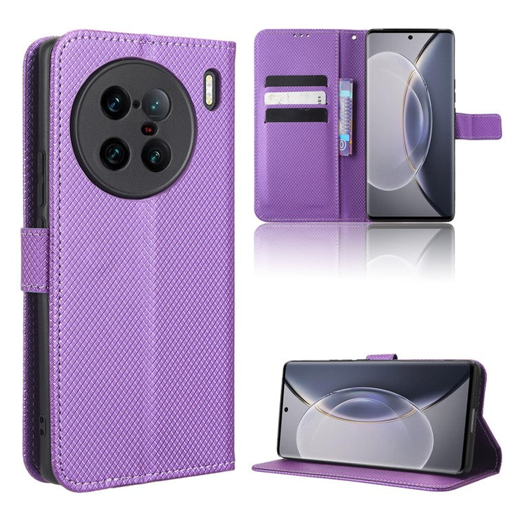 For vivo X90 Pro+ 5G PU Leather Phone Case Diamond Texture Wallet Stand Cell Phone Cover - Purple