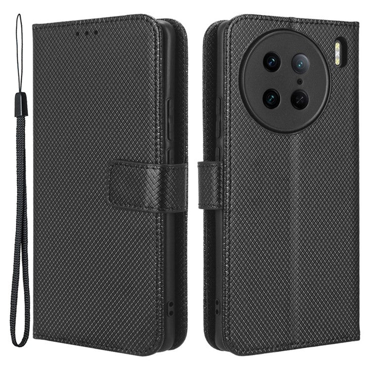 Diamond Texture Phone Leather Case for vivo X90 Pro 5G, Wallet Cell Phone Phone Stand Cover - Black