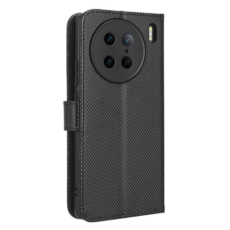 Diamond Texture Phone Leather Case for vivo X90 Pro 5G, Wallet Cell Phone Phone Stand Cover - Black