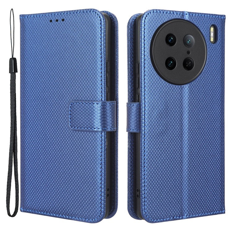 Diamond Texture Phone Leather Case for vivo X90 Pro 5G, Wallet Cell Phone Phone Stand Cover - Blue