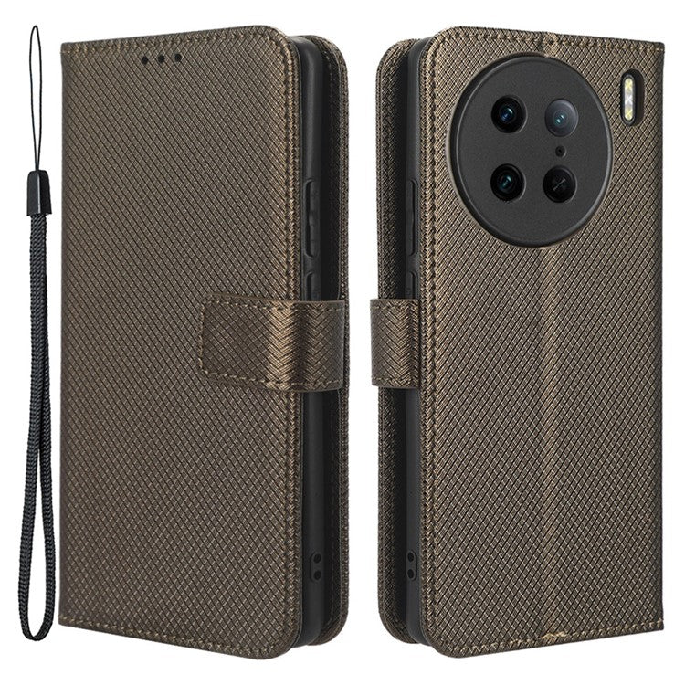 Diamond Texture Phone Leather Case for vivo X90 Pro 5G, Wallet Cell Phone Phone Stand Cover - Brown