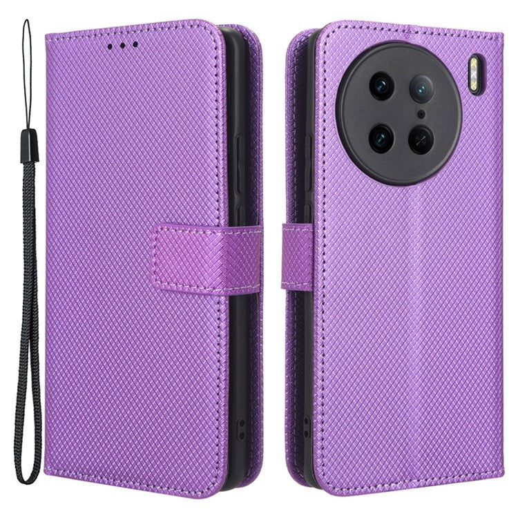 Diamond Texture Phone Leather Case for vivo X90 Pro 5G, Wallet Cell Phone Phone Stand Cover - Purple