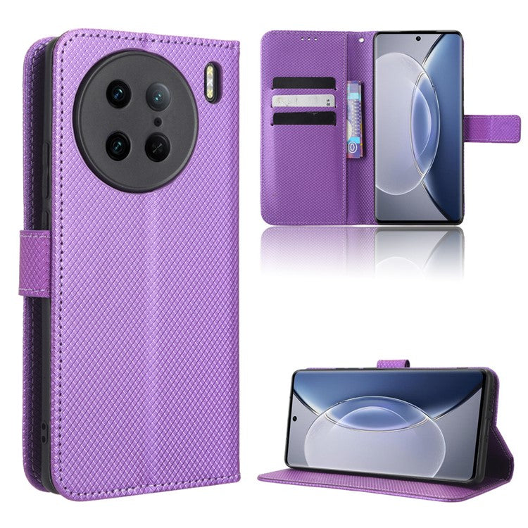 Diamond Texture Phone Leather Case for vivo X90 Pro 5G, Wallet Cell Phone Phone Stand Cover - Purple