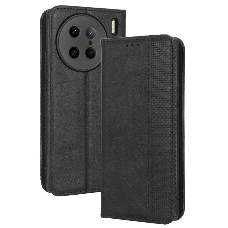 For vivo X90 Pro 5G PU Leather Phone Stand Case Retro Texture Anti-scratch Wallet Phone Cover - Black