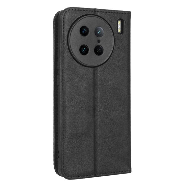 For vivo X90 Pro 5G PU Leather Phone Stand Case Retro Texture Anti-scratch Wallet Phone Cover - Black