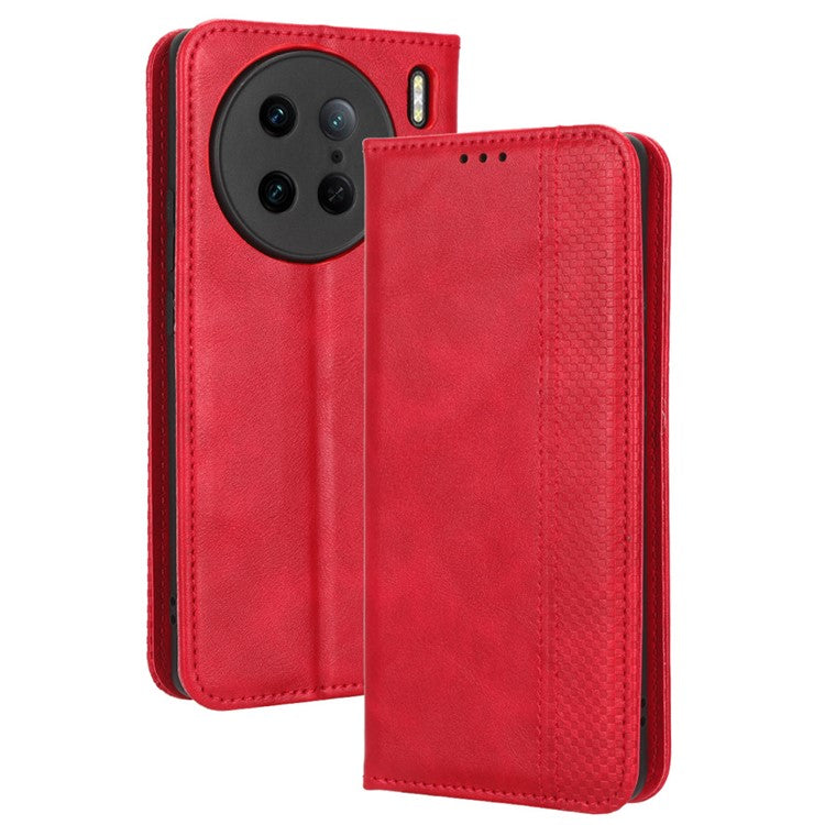 For vivo X90 Pro 5G PU Leather Phone Stand Case Retro Texture Anti-scratch Wallet Phone Cover - Red