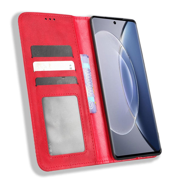 For vivo X90 Pro 5G PU Leather Phone Stand Case Retro Texture Anti-scratch Wallet Phone Cover - Red