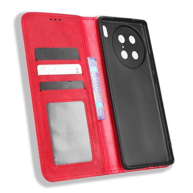 For vivo X90 Pro 5G PU Leather Phone Stand Case Retro Texture Anti-scratch Wallet Phone Cover - Red