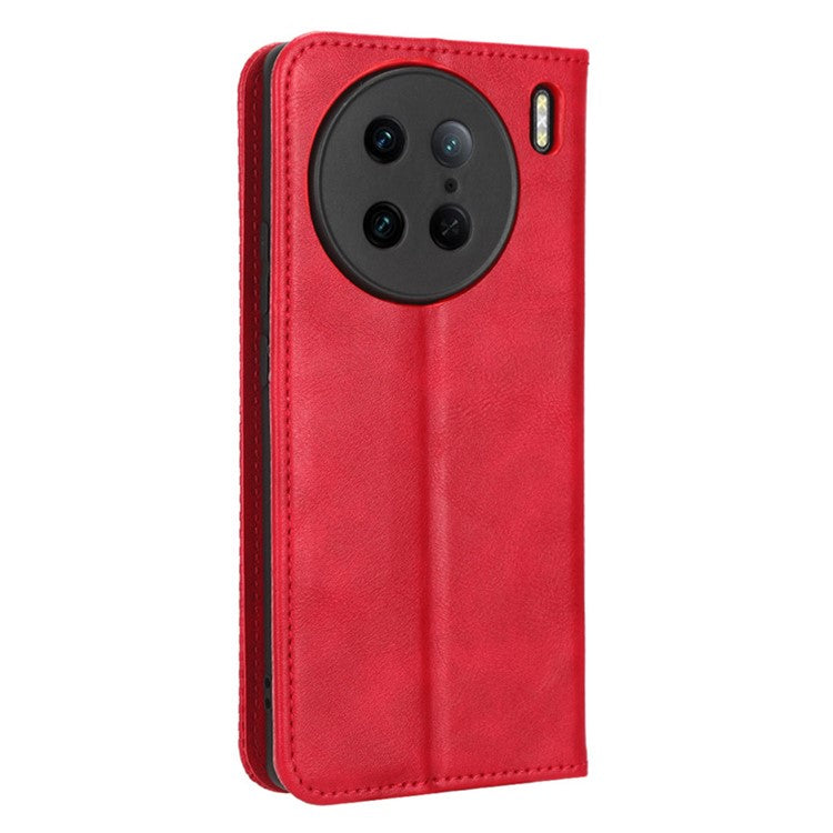 For vivo X90 Pro 5G PU Leather Phone Stand Case Retro Texture Anti-scratch Wallet Phone Cover - Red