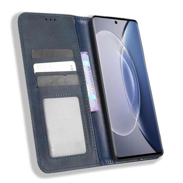 For vivo X90 Pro 5G PU Leather Phone Stand Case Retro Texture Anti-scratch Wallet Phone Cover - Blue