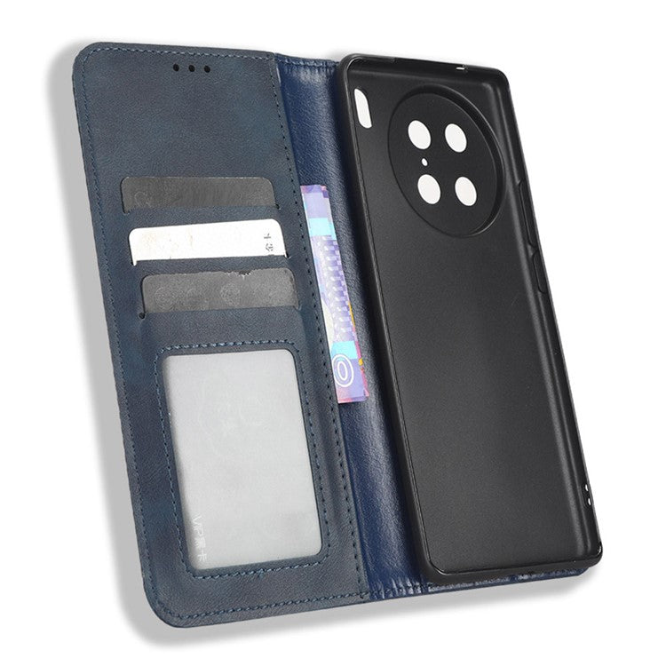 For vivo X90 Pro 5G PU Leather Phone Stand Case Retro Texture Anti-scratch Wallet Phone Cover - Blue