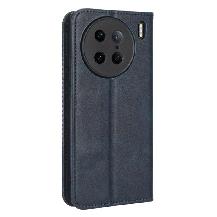 For vivo X90 Pro 5G PU Leather Phone Stand Case Retro Texture Anti-scratch Wallet Phone Cover - Blue