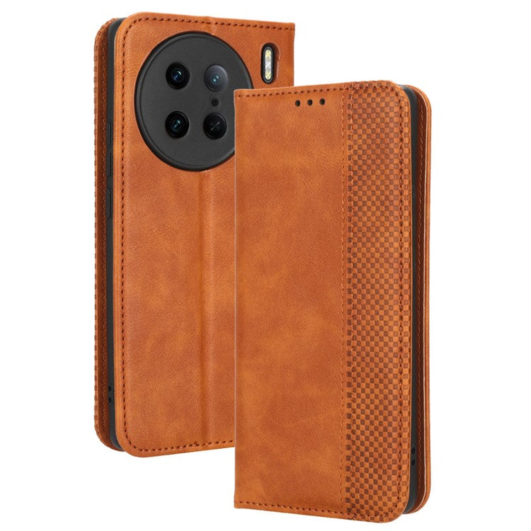 For vivo X90 Pro 5G PU Leather Phone Stand Case Retro Texture Anti-scratch Wallet Phone Cover - Brown