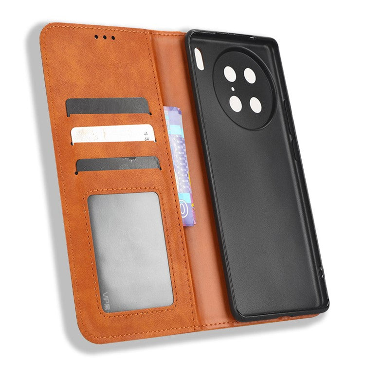 For vivo X90 Pro 5G PU Leather Phone Stand Case Retro Texture Anti-scratch Wallet Phone Cover - Brown