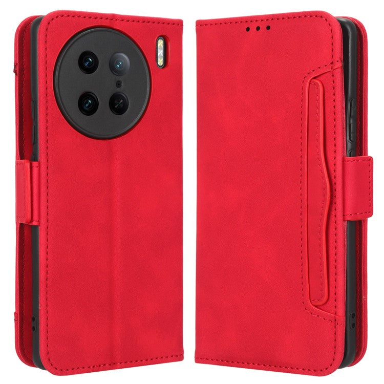 For vivo X90 Pro 5G Multiple Card Slots PU Leather Phone Cover Stand Wallet Phone Case - Red