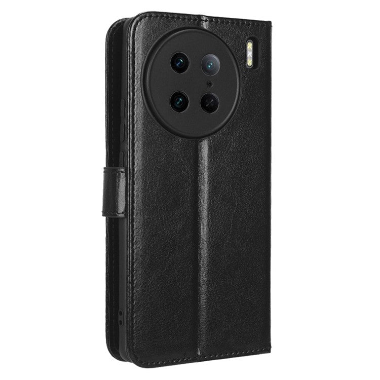 Crazy Horse Texture Wallet Stand Case for vivo X90 Pro 5G Fall Proof PU Leather Phone Cover with Strap - Black