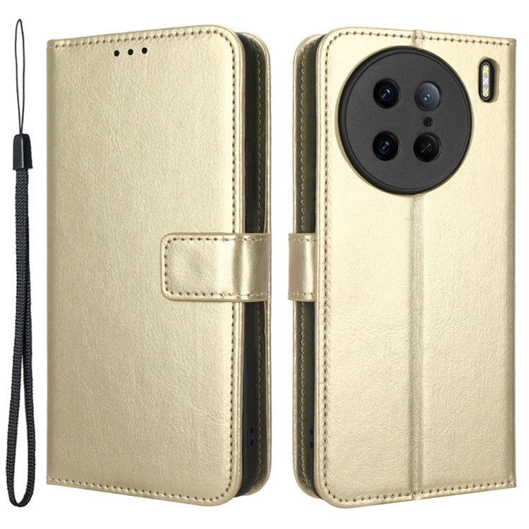 Crazy Horse Texture Wallet Stand Case for vivo X90 Pro 5G Fall Proof PU Leather Phone Cover with Strap - Gold