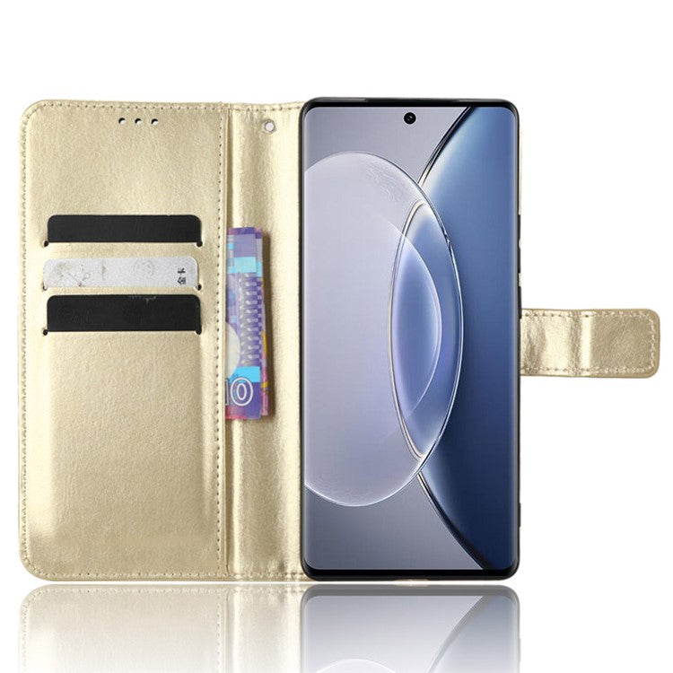 Crazy Horse Texture Wallet Stand Case for vivo X90 Pro 5G Fall Proof PU Leather Phone Cover with Strap - Gold