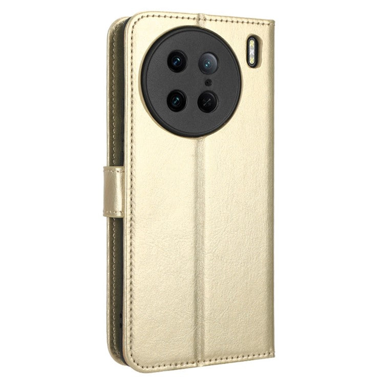 Crazy Horse Texture Wallet Stand Case for vivo X90 Pro 5G Fall Proof PU Leather Phone Cover with Strap - Gold