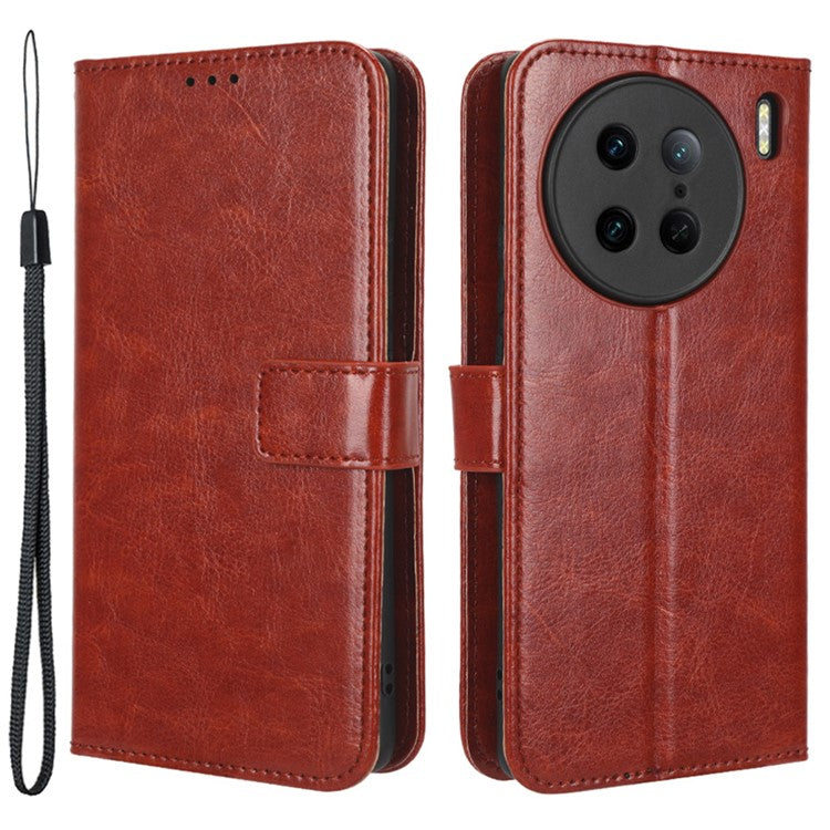 Crazy Horse Texture Wallet Stand Case for vivo X90 Pro 5G Fall Proof PU Leather Phone Cover with Strap - Brown