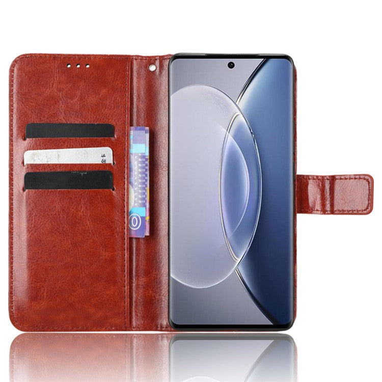 Crazy Horse Texture Wallet Stand Case for vivo X90 Pro 5G Fall Proof PU Leather Phone Cover with Strap - Brown