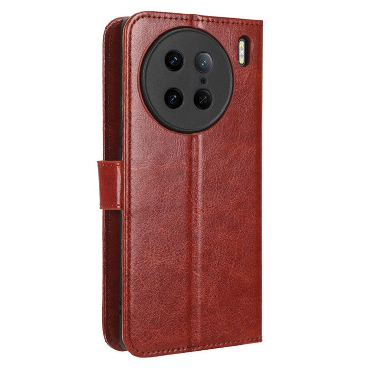 Crazy Horse Texture Wallet Stand Case for vivo X90 Pro 5G Fall Proof PU Leather Phone Cover with Strap - Brown