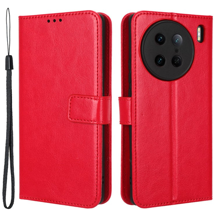 Crazy Horse Texture Wallet Stand Case for vivo X90 Pro 5G Fall Proof PU Leather Phone Cover with Strap - Red