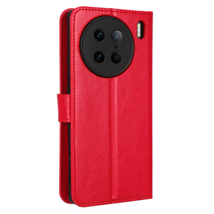 Crazy Horse Texture Wallet Stand Case for vivo X90 Pro 5G Fall Proof PU Leather Phone Cover with Strap - Red