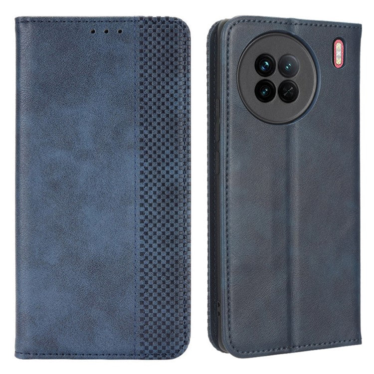 For vivo X90 5G Drop-proof PU Leather Stand Wallet Phone Cover Retro Texture Phone Case - Blue