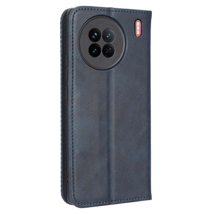 For vivo X90 5G Drop-proof PU Leather Stand Wallet Phone Cover Retro Texture Phone Case - Blue