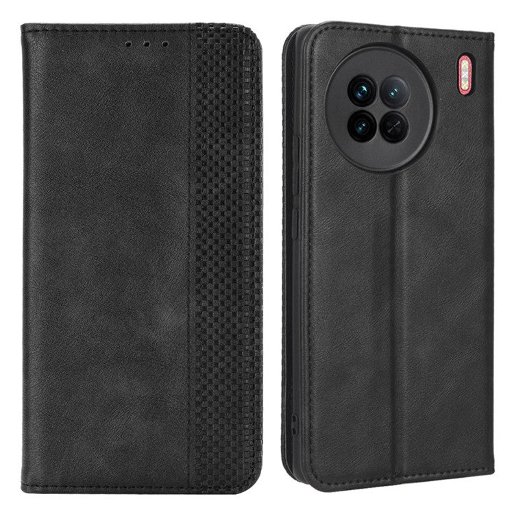 For vivo X90 5G Drop-proof PU Leather Stand Wallet Phone Cover Retro Texture Phone Case - Black