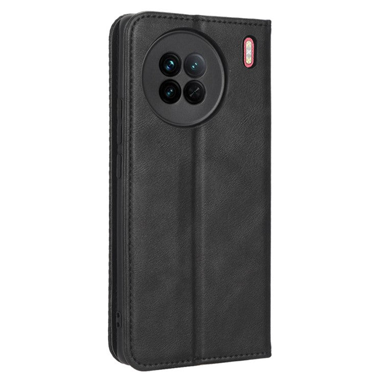 For vivo X90 5G Drop-proof PU Leather Stand Wallet Phone Cover Retro Texture Phone Case - Black