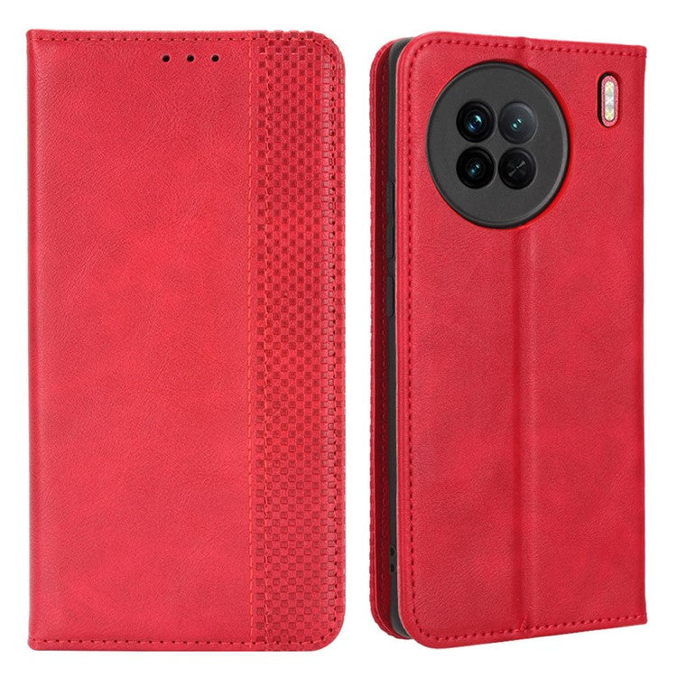 For vivo X90 5G Drop-proof PU Leather Stand Wallet Phone Cover Retro Texture Phone Case - Red