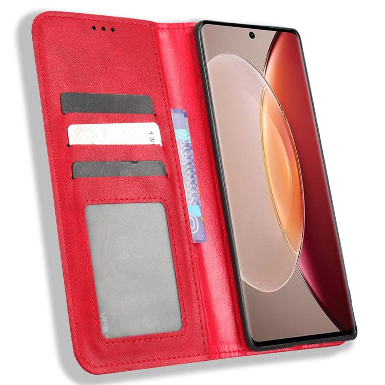 For vivo X90 5G Drop-proof PU Leather Stand Wallet Phone Cover Retro Texture Phone Case - Red