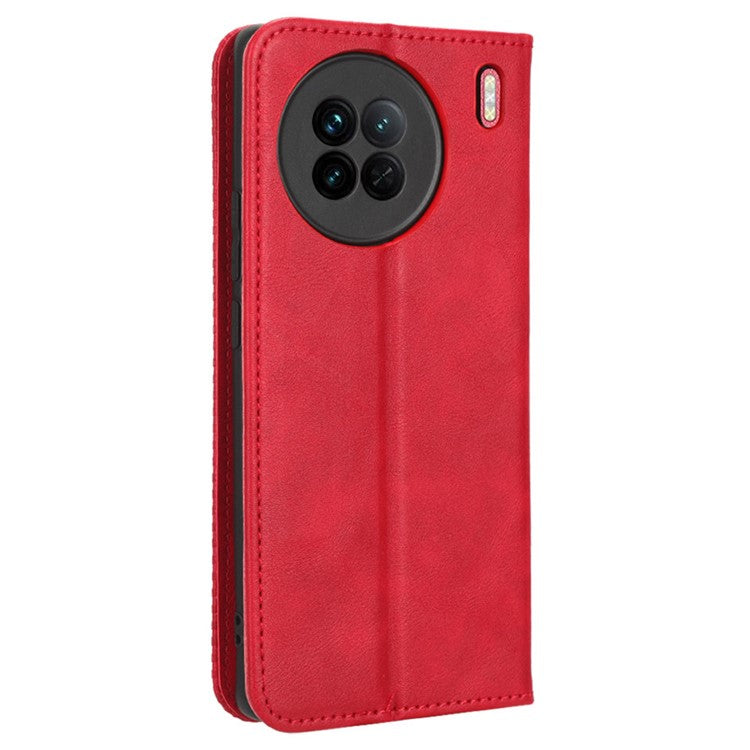 For vivo X90 5G Drop-proof PU Leather Stand Wallet Phone Cover Retro Texture Phone Case - Red