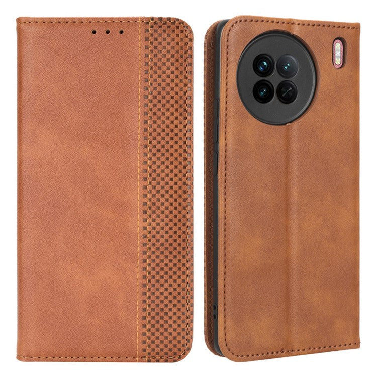 For vivo X90 5G Drop-proof PU Leather Stand Wallet Phone Cover Retro Texture Phone Case - Brown