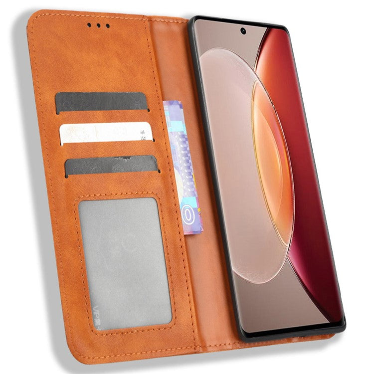 For vivo X90 5G Drop-proof PU Leather Stand Wallet Phone Cover Retro Texture Phone Case - Brown