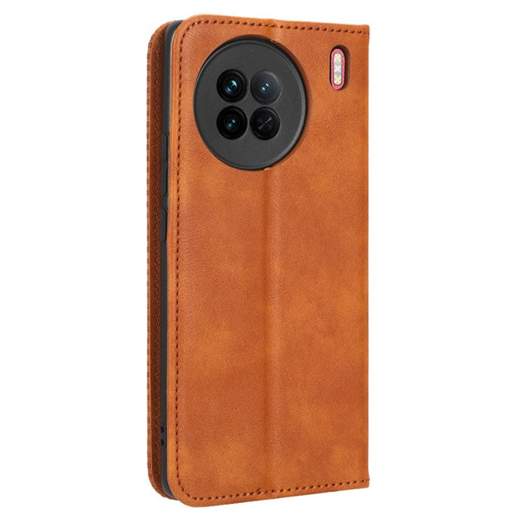 For vivo X90 5G Drop-proof PU Leather Stand Wallet Phone Cover Retro Texture Phone Case - Brown