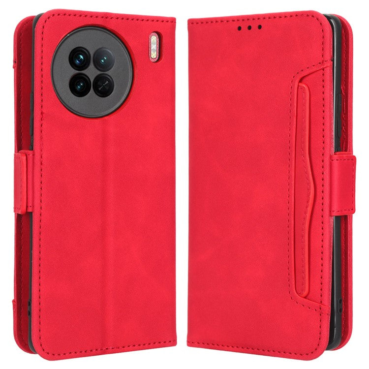 For vivo X90 5G PU Leather Phone Cover Multiple Card Slots Stand Wallet Drop Resistant Phone Case - Red