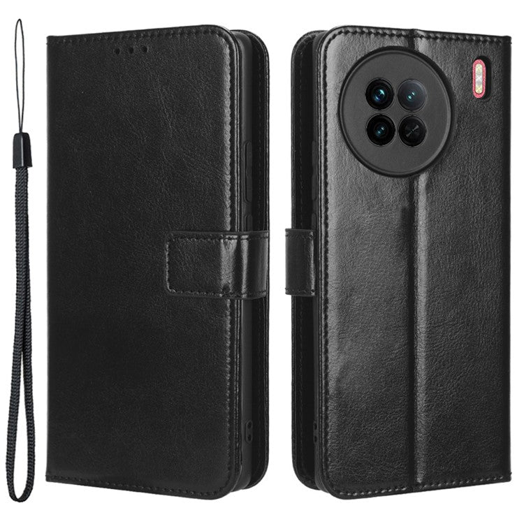 Crazy Horse Texture Wallet Stand Case for vivo X90 5G PU Leather Flip Phone Cover with Strap - Black