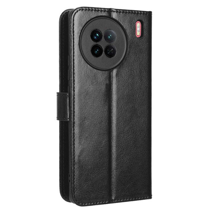 Crazy Horse Texture Wallet Stand Case for vivo X90 5G PU Leather Flip Phone Cover with Strap - Black