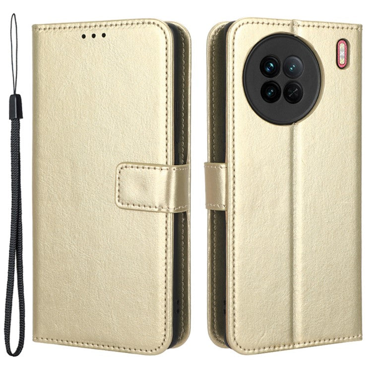 Crazy Horse Texture Wallet Stand Case for vivo X90 5G PU Leather Flip Phone Cover with Strap - Gold